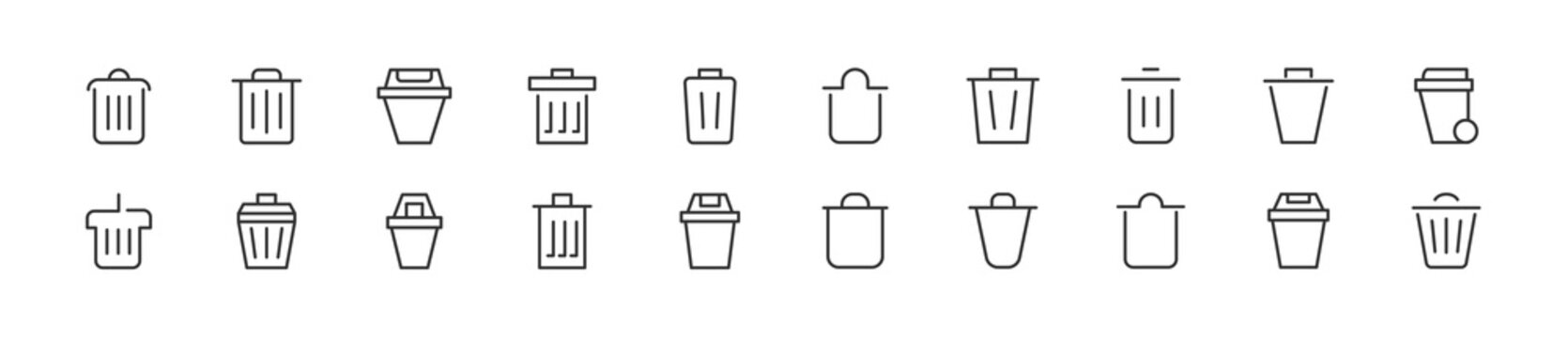 Set of simple trash can line icons.