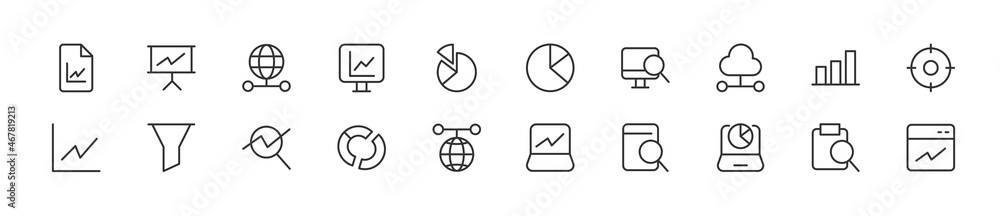 Poster linear icon set of analysis.