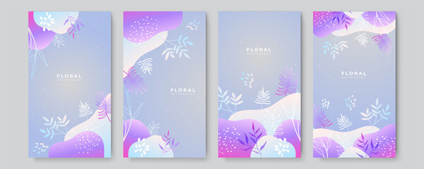 Trendy abstract story art templates with colorful gradient vivid vibrant floral and geometric elements. Suitable for social media posts, mobile apps, banners design and web ads. Fashion backgrounds.