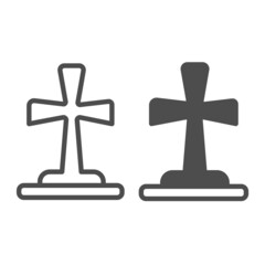 Grave cross, tombstone, halloween, cemetary line and solid icon, halloween concept, headstone vector sign on white background, outline style icon for mobile concept and web design. Vector graphics.
