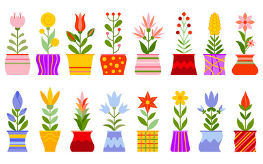 Flower leaf houseplant in pot color plant flat set. Blooming branch with berry sticker nature element cozy home. Botanical design floral shop website app postcard sprout isolated on white background