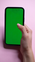 Look up information on the phone, place for text. phone in female hands with a green screen for chroma key.
