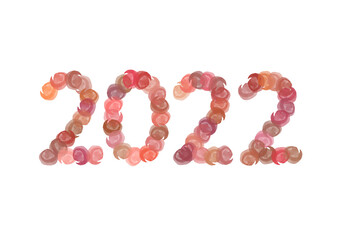 Multicolor Watercolor lettering 2022 number year written in circular elements on white background. Red, pink, orange and brown color