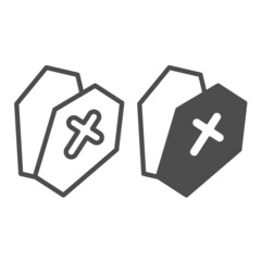 Open coffin with cross, halloween, funeral line and solid icon, halloween concept, dead casket vector sign on white background, outline style icon for mobile concept and web design. Vector graphics.