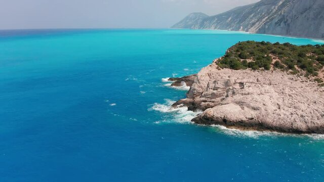 Aerial view of famous exotic turquoise sea of Porto Katsiki beach under the mountain at Lefkada Greece