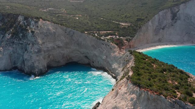 Aerial view of famous exotic turquoise sea of Porto Katsiki beach under the mountain at Lefkada Greece