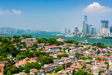 Overlooking view of ancient buildings in Gulangyu, Xiamen, China. The place is one of the UNESCO World Heritage.