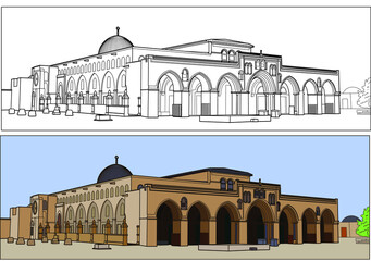Palestin vector drawing, line art and coloured, al aqsa mosque