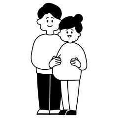 寄り添う妊婦と男性　全身　白黒