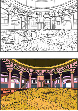 Palestin vector drawing, line art and coloured, dome of rock interior view