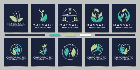 Set bundle of chiropractic and massage logo design with natural leaf concept Premium Vector - obrazy, fototapety, plakaty