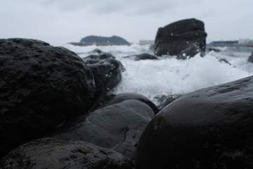 snow covered rocks