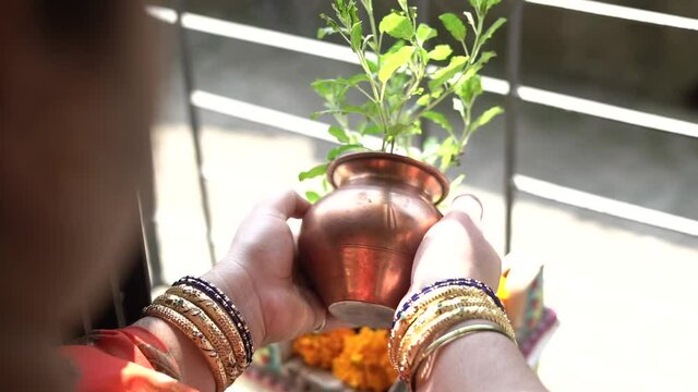 women doing tulsi water offering and flowers poojan Diwali festival ritual in morning Kalash