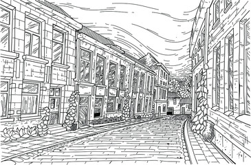 Black and white hand drawn of old street in the town. Building street view.