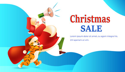 tiger and santa claus with louspeaker standing together new year christmas holidays sale concept greeting card