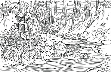 Obraz premium Black and white landscape with flowers and trees. Wild nature sketch. 