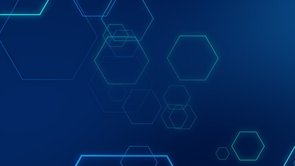 Abstract hexagon geometric blue neon lights technology dark background.