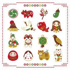 お正月・縁起物・恵比寿様・招き猫・アマビエ・めでたいアイコンイラストセット