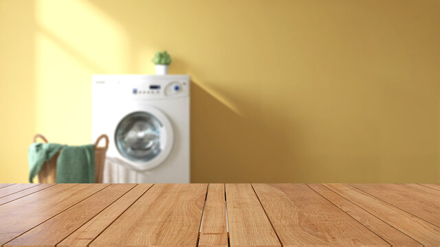 3D Rendering Of Empty Shiny Wooden Counter Top For Products Display In Laundry Room With A Washing Machine And A Basket. Background. Morning Sunlight, Chores, Housework, Detergent, Cleaning, Allergy.