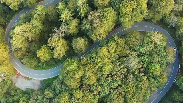 Travel time in the fall season, drone footage as top down shot at a double curve under sunshine with a driving car