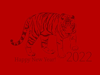 Fototapeta premium tiger outline on red background. 2022 happy new year text. vector illustration. design template for greeting card, banner, ad, invitation, flyer. layered color image