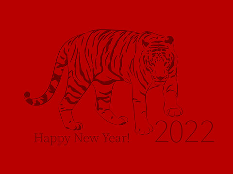 tiger outline on red background. 2022 happy new year text. vector illustration. design template for greeting card, banner, ad, invitation, flyer. layered color image