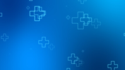 Medical health blue cross neon light shapes pattern background. Abstract healthcare technology and science concept.