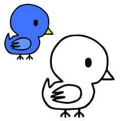 Coloring book or page with blue bird. Clip art set for t-shirt print, kids apparel, greeting card, label, patch or sticker