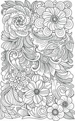 Black and white hand drawn floral background. Colouring book background. 