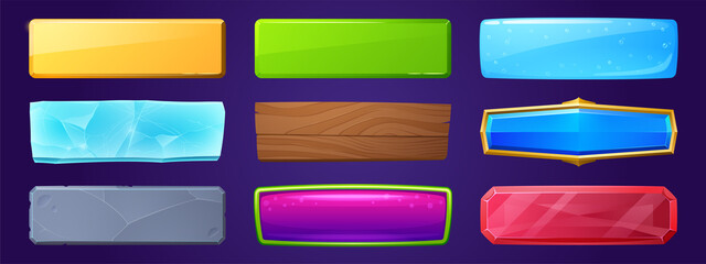 Rectangle buttons with golden, wooden and water textures for ui game design. Vector cartoon set of glossy labels from ice, stone, red crystal and purple jelly isolated on background © klyaksun