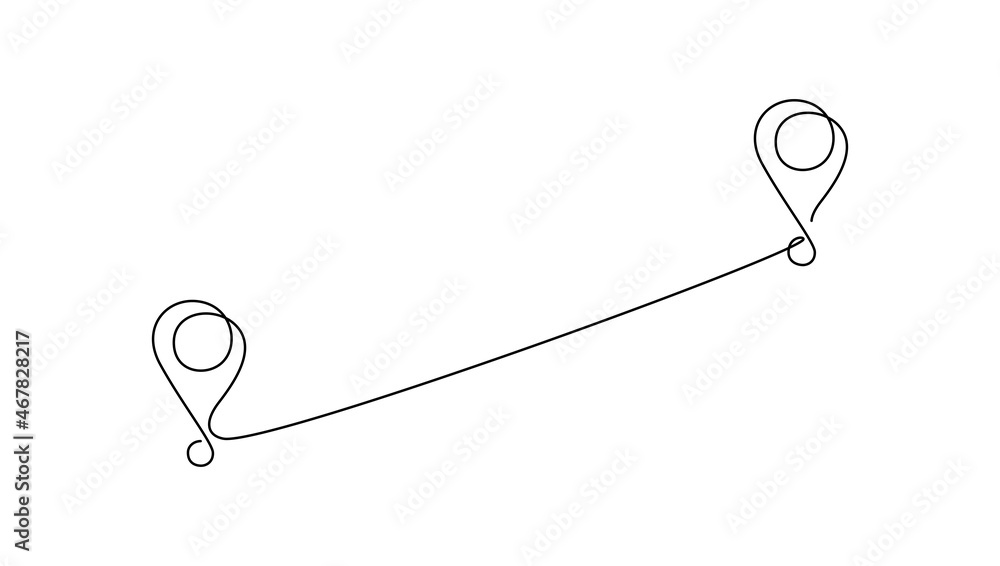 Leinwandbilder Continuous one line drawing of path and Location pointers. Simple pins on direct way between two points in thin Linear style. Gps navigation and Travel concept. Doodle vector illustration