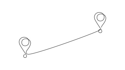 Continuous one line drawing of path and Location pointers. Simple pins on direct way between two points in thin Linear style. Gps navigation and Travel concept. Doodle vector illustration