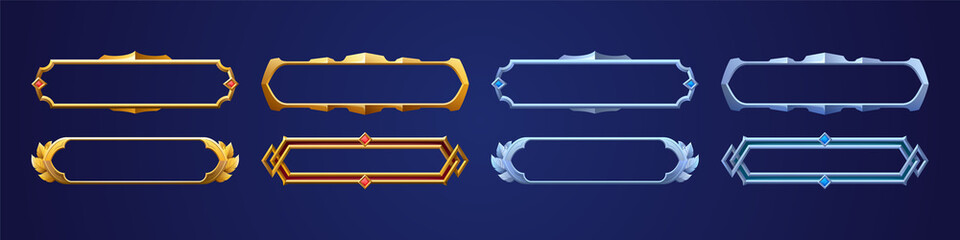 Empty rectangle frames in medieval style for game ui design. Vector cartoon set of user interface elements with golden and silver border with leaves and gems isolated on background © klyaksun