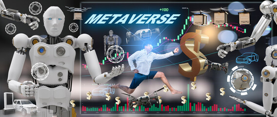 Robot community metaverse for VR avatar reality game virtual reality of people blockchain connect technology investment, business lifestyle.