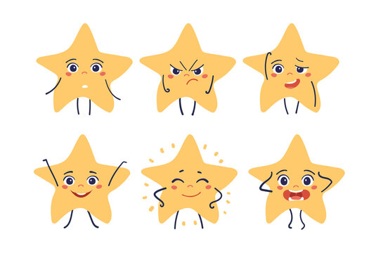Cute cartoon character star with face, set of emoticons with emotions of joy, anger, confusion. Flat sticker isolated on white background, vector illustration for school, kindergarten, games.