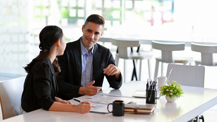 Investment advisor businesswoman consulting with young professional businessman.