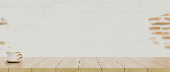 Wooden board with space for montage on white brick background.