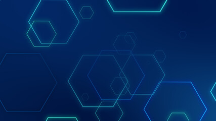 Abstract hexagon geometric blue neon lights technology dark background.