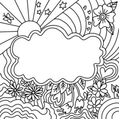 Coloring book cloud frame. Sun, rainbow, stars and flowers sketch vector illustration.