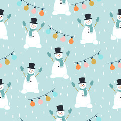 Seamless pattern with snowman. Suitable for paper, fabric, wallpaper, background, poster. Vector graphics. 
