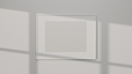 Modern white poster frame mockup on white walls with daylight