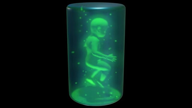 Baby in bottle . Child in glass tank. Genetically engineered child. 3d animation render