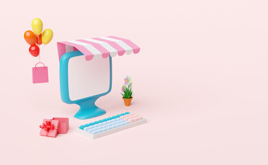 computer monitor with store front,paper bags,balloons,gift box isolated on pink background,online shopping concept,3d illustration or 3d render