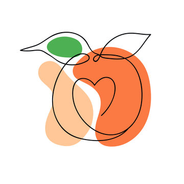 Orange drawing one line with heart and color spots. Modern abstract illustration for prnt or web design.