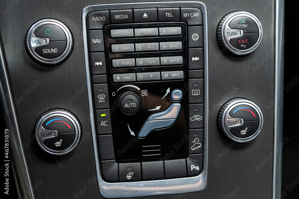 Poster close up instrument automobile panel with climat control view with air conditioning buttons- details