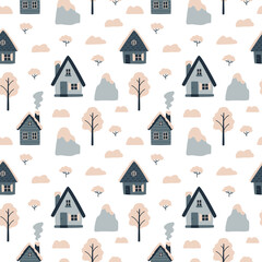 Fototapeta premium Winter landscape. Vector seamless pattern with cozy houses, mountains, trees, shrubs. Christmas holidays. Northern village. Hand drawn illustration. Scandinavian style.