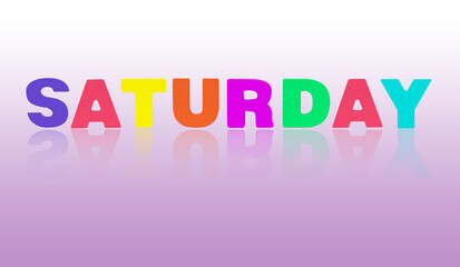 SATURDAY isolated on purple background. Colorful wooden english alphabets set sort. Illustration. English letter made of wood arrange alphabet as categorize word. Poster, banner design.