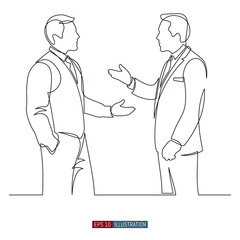 Continuous line drawing of Dialogue of two businessmen. Business negotiations. Dispute of men. Template for your design. Vector illustration.