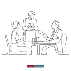 Continuous line drawing of Man and woman at a table in a restaurant. The waiter accepts the order. Lunch or dinner scene. Template for your design. Vector illustration.