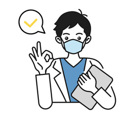 OKサインをする白衣を着てマスクをした男性の看護師/医師のイラスト素材　